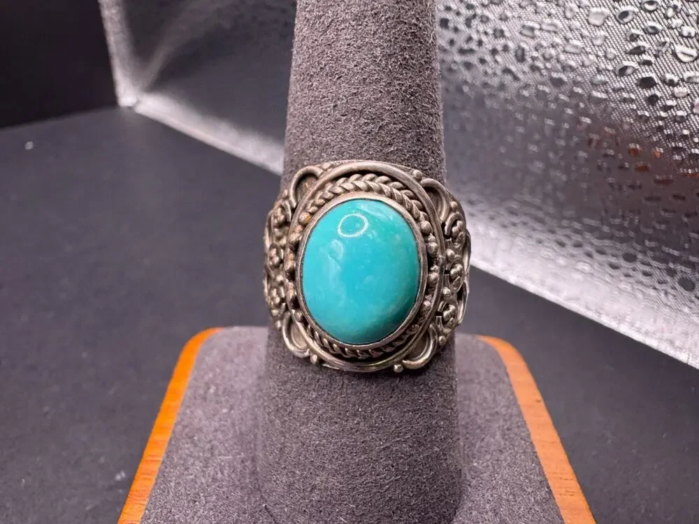 Vtg Southwestern 925 Sterling Silver Oval Turquoise Ring Filigree Rope Sz 9
